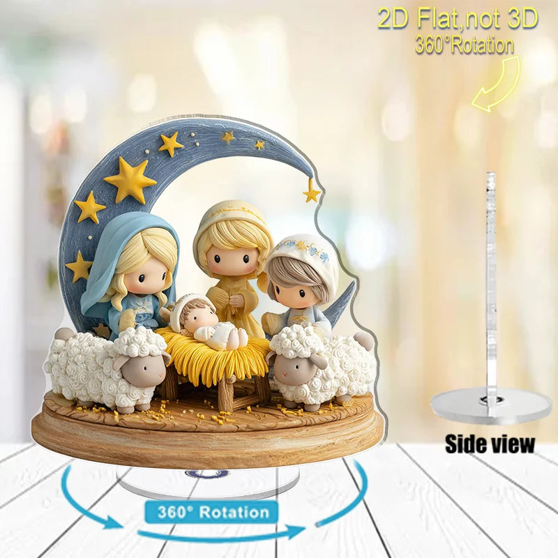 2D flache rotierende Acryl-Krippe, Desktop-Ornament, Maria, Jesus, Engel, Figuren mit Schaf, Weihnachtsgeschenk, Party-Dekoration – Detail 8
