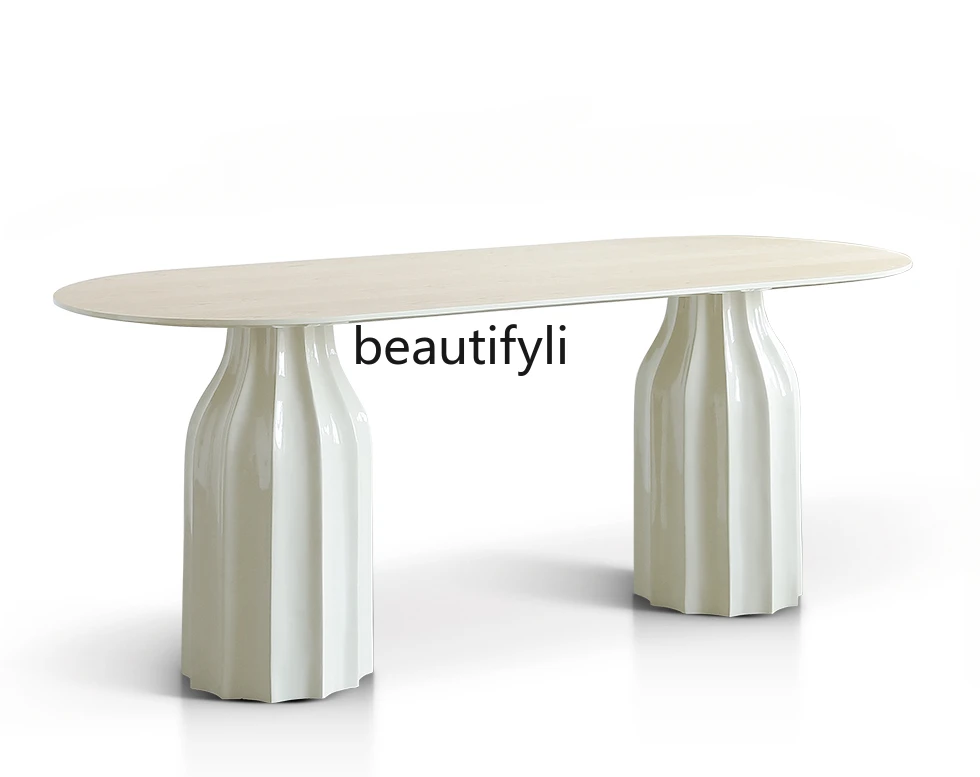 

Shell Dining Table Light French Cream Style Oval Solid Wood Dining Table Modern Simple Home Dining Table