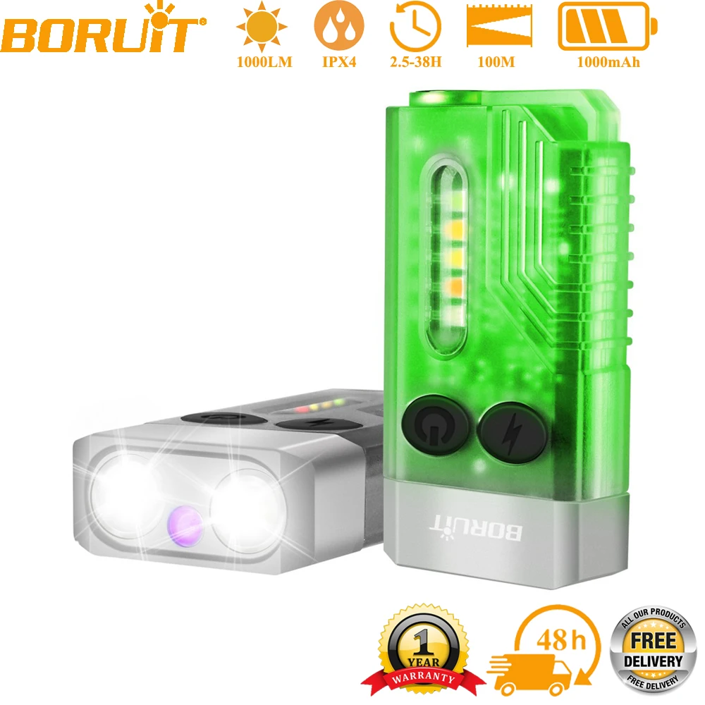 BORUiT V10 1000LM UV LED EDC Keychain Flashlight Type-C Rechargeable 1000mAh Work Light Torch with Magnet Buzzer Camping Lantern