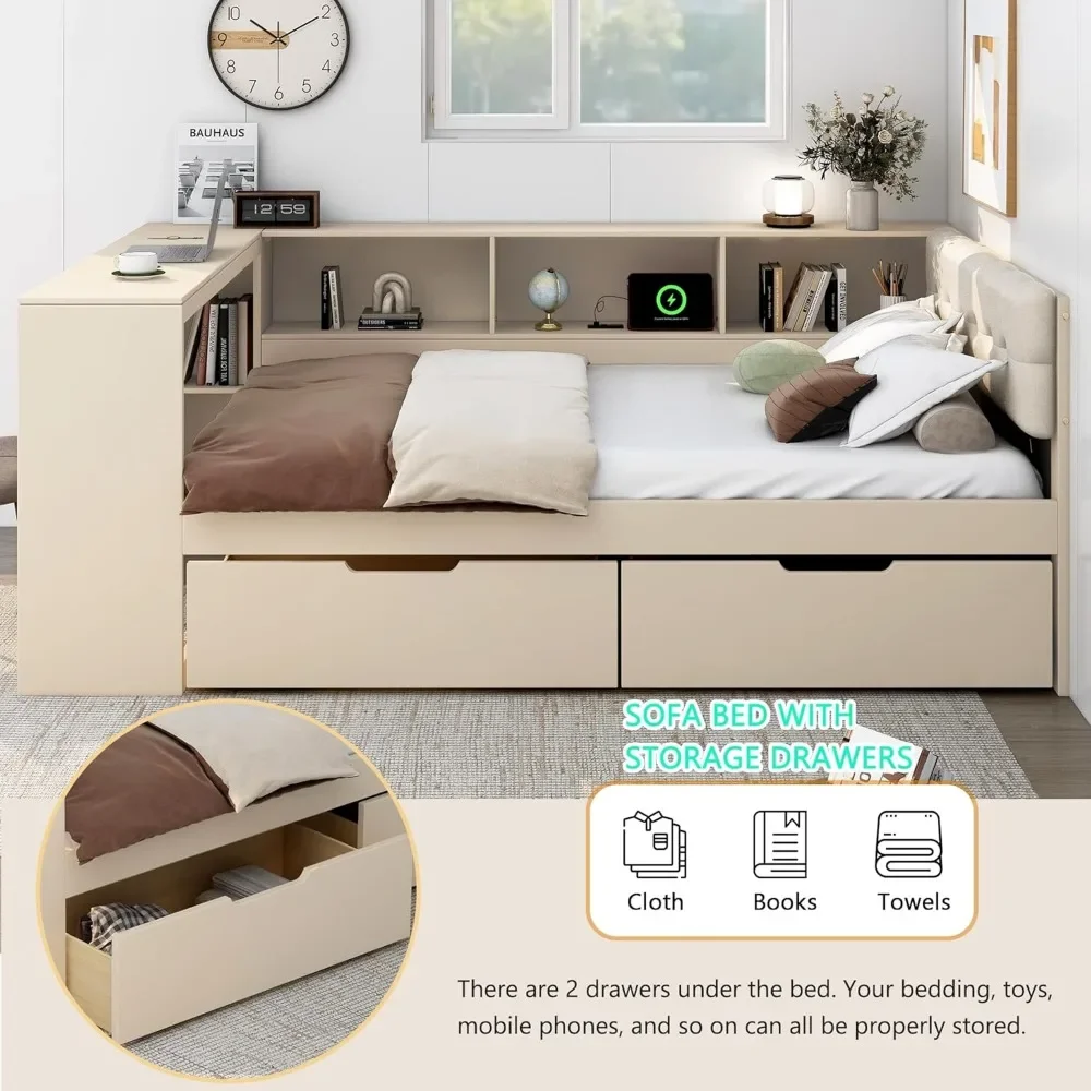 Full Size Wood Daybed with Storage Shelves Built in Desk Under Bed Drawers Charging Station and Upholstered Headboard 5