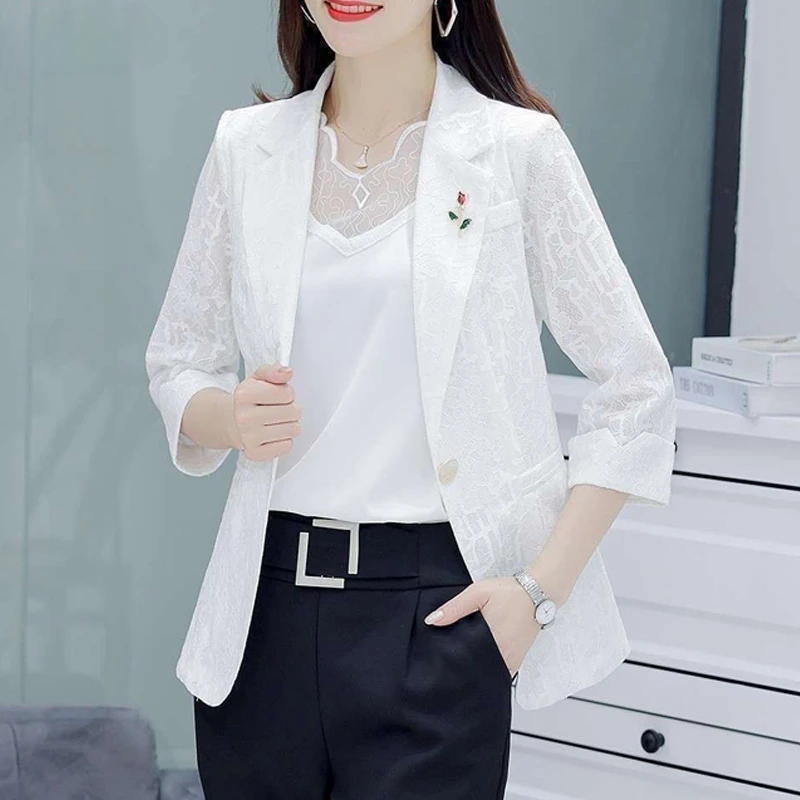 

Three Quarter Sleeve Solid Color Patchwork Notched Lace Button Blazers Spring Autumn Thin Office Lady Women Clothing Formal D86