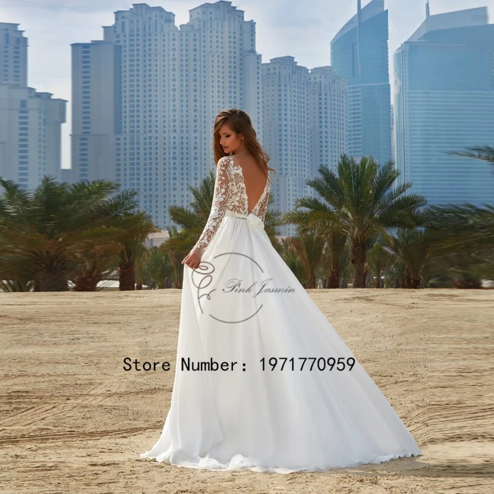 Elegant Scoop Wedding Dress For Woman Long Sleeves Soft Chiffon Bride Gown Applique Lace A-Line Sexy Open Back Vestidos De Novia 2