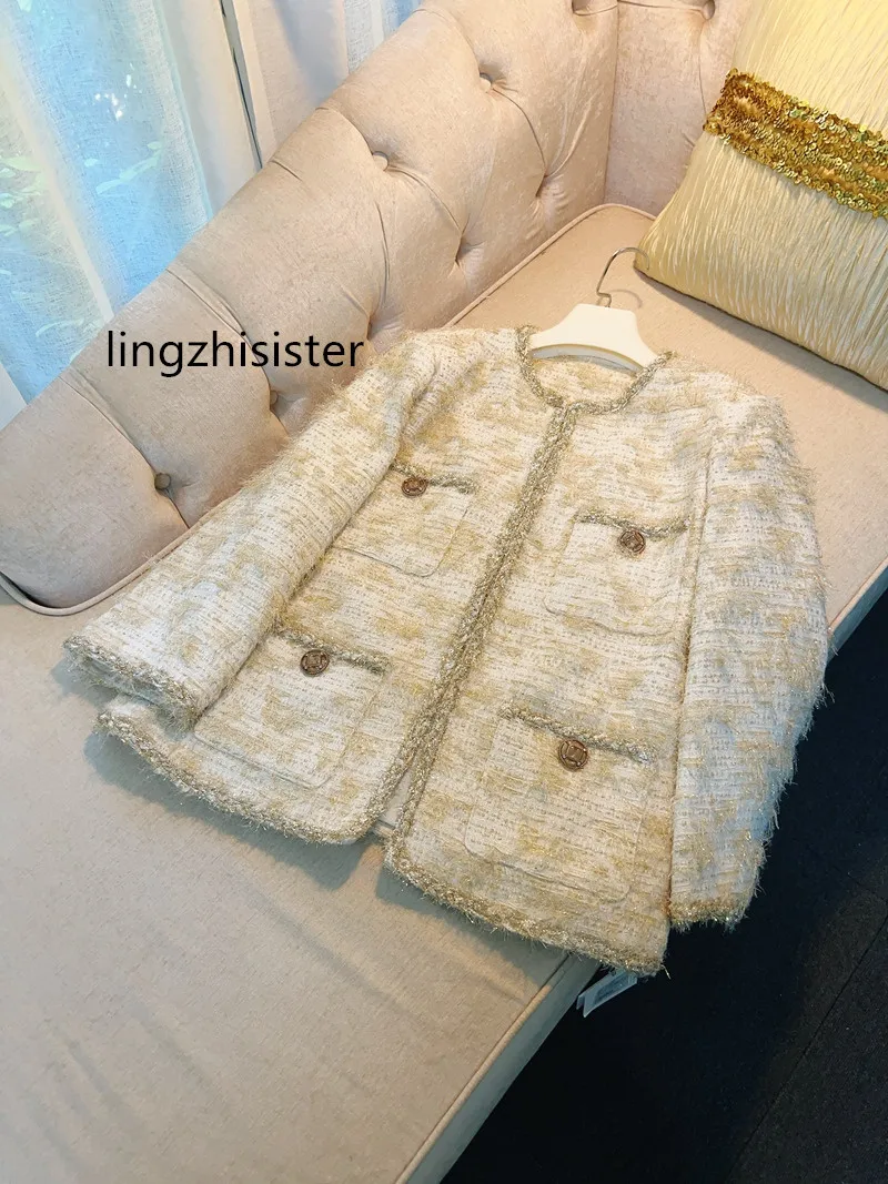 

Women Wool Coat French Designer Shining Thread Elegant Top Quality Ladies Golden Beige Outerwear New Arrivve