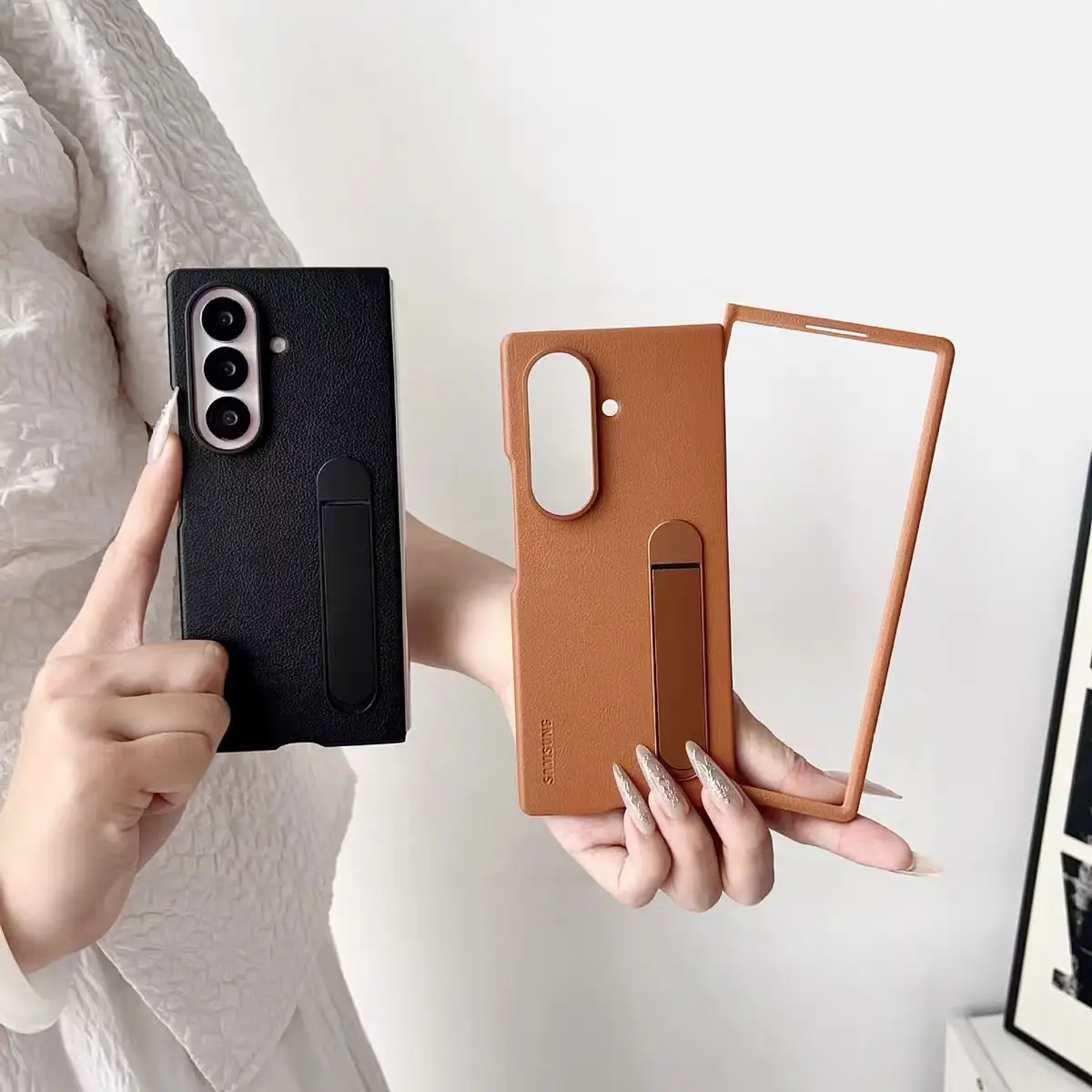 Luxury Leather Stand Case with Kickstand and Camera Protection, Slim Shockproof Shell