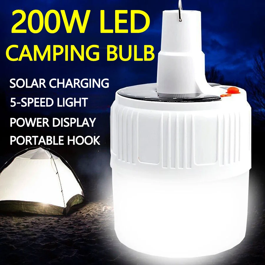 Camping Light Portable Flashlight Portable Lanterns Camping Lamp Camping Lantern 200W LED Solar Light Outdoor Portable Lantern USB Rechargeable Camping Hook Tent Light Waterproof Energy-saving