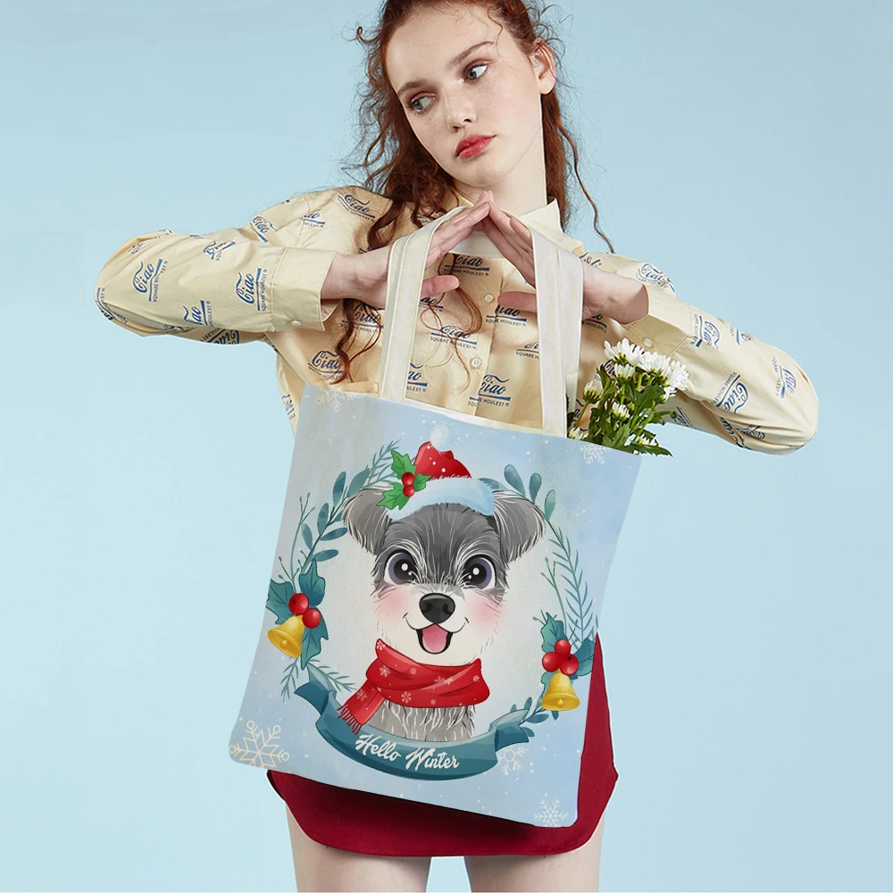 

Fashion Merry Christmas Women Canvas Shopping Bag Both Sided Cute Cartoon Pet Dog Santa Claus Animal Travel Tote Handbag