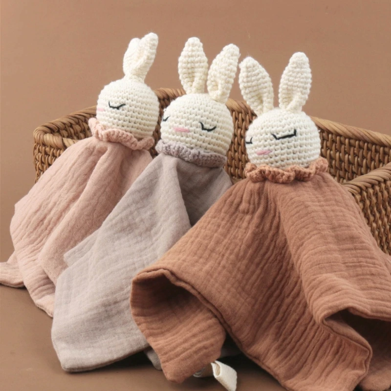 Crochet Rabbit Baby Nursing Bib Security Blanket for Boys Girl Breathable Soother Towel Infant Mood Soothing Drool Bib