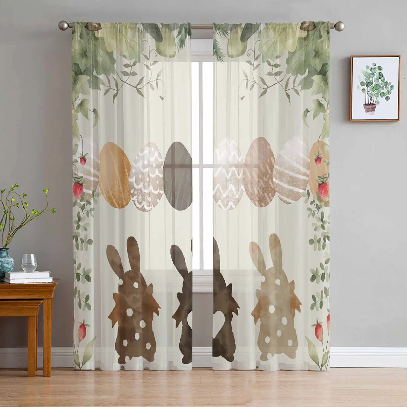 

Easter Eggs Bunny Watercolor Flowers Tulle Curtains for Living Room Sheer Curtain for Bedroom Kitchen Blinds Voile Curtains