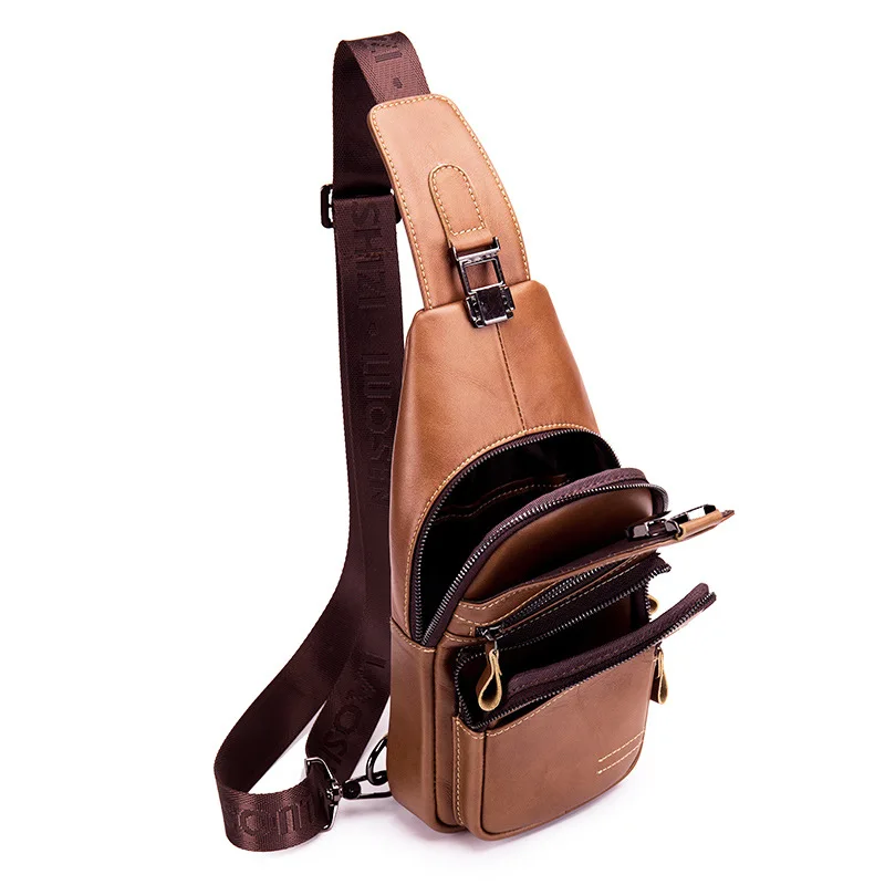 Men's Sports Chest Bag Cowhide Men's Bag New Single Shoulder Crossbody Bag Fashion Large Capacity Wear-resistant Solid Color