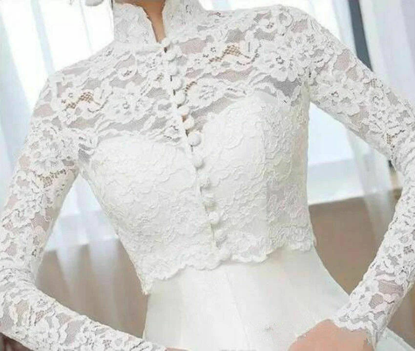 

High Neck Lace Wedding Dress Capes Jacket Wraps Shrug Bridal Bolero Cloak Evening Wrap Shawl Cover Up Long Sleeve with Buttons