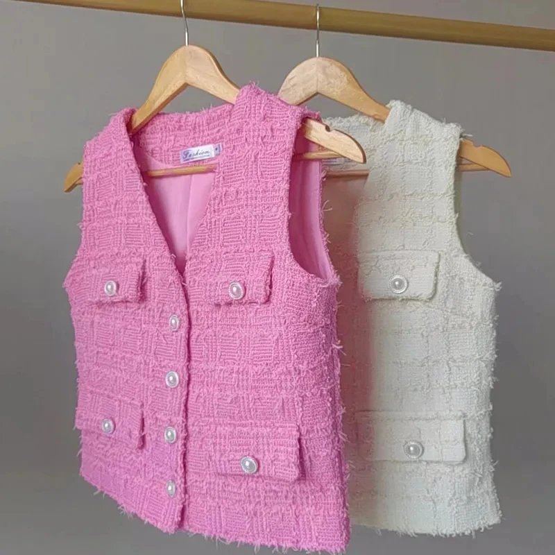 pois Tweed vest【Pink】 Spring Summer 2023 New Western Fashionable Tweed Vest Coat