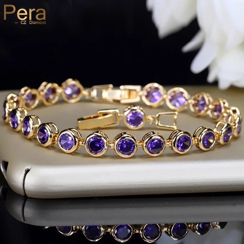 Gold Color Round Shape Purple Cubic Zirconia Stone Charm Link Bracelets Pera Gorgeous Design Wedding Jewelry for Women B020 charm bracelet cubic zirconia bracelet women bracelet
