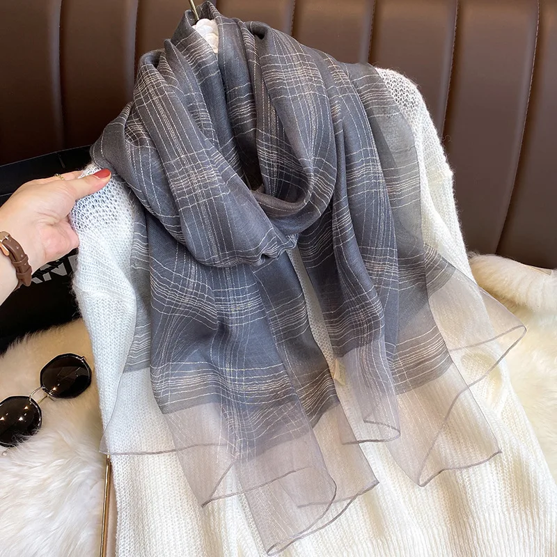 

Thin Silks Ladies Casual Silk Scarfs Spring Summer Silk Blended Scarf Women's Fashion Gold Silk Long Shawl Solid Neck Scarfs