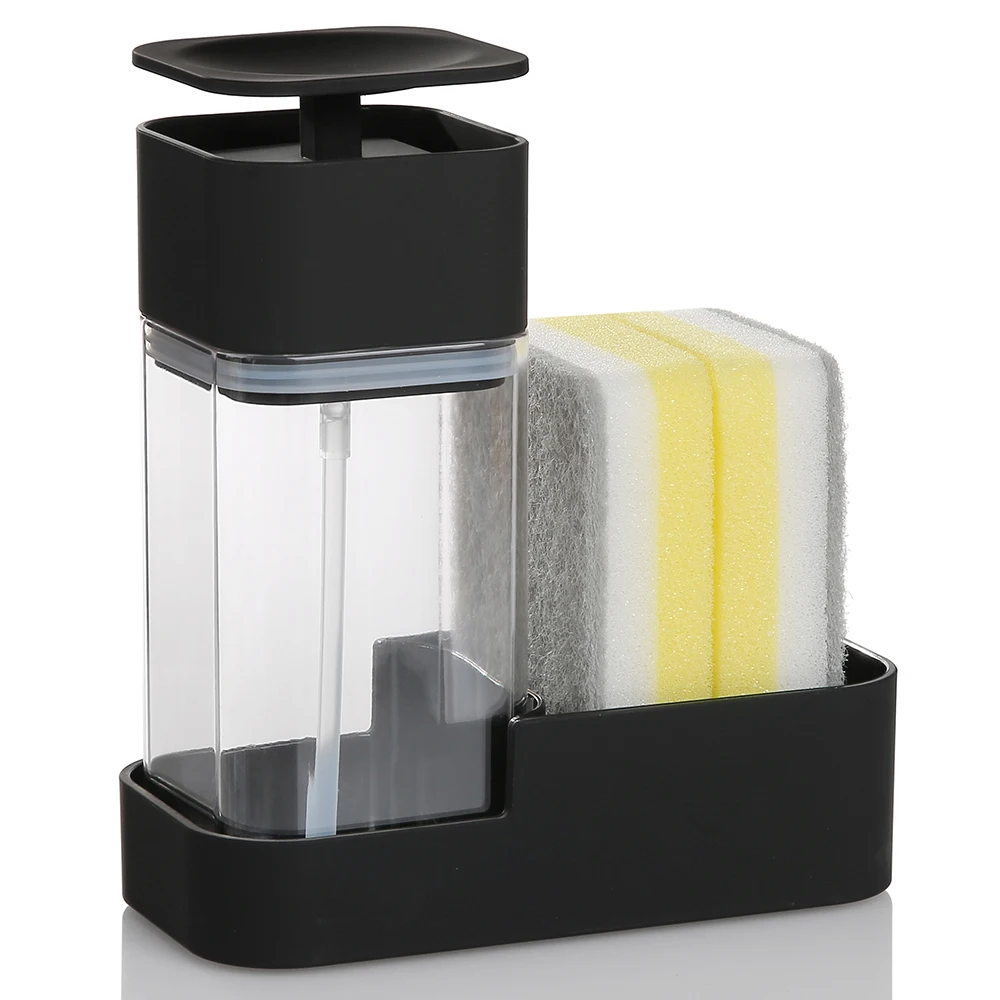 Dish Soap Dispenser Set with Sponge Holder for Kitchen Sink 15oz Clear Bottle with Black Rust Proof Pump Dish Liquid Dispenser