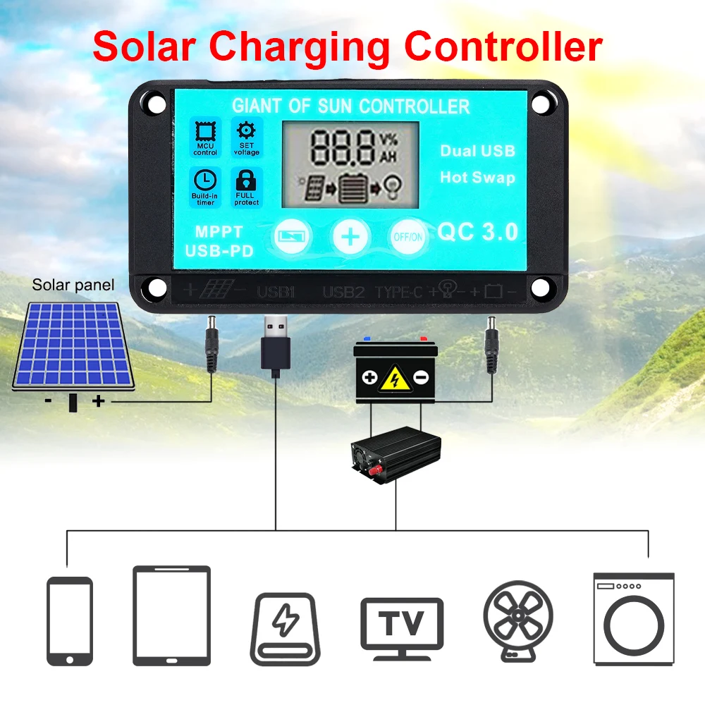 

10A New Solar Panel Solar Charge Controller PV Home Battery Charger Regulator MPPT LCD Dual USB 12V 24V Output
