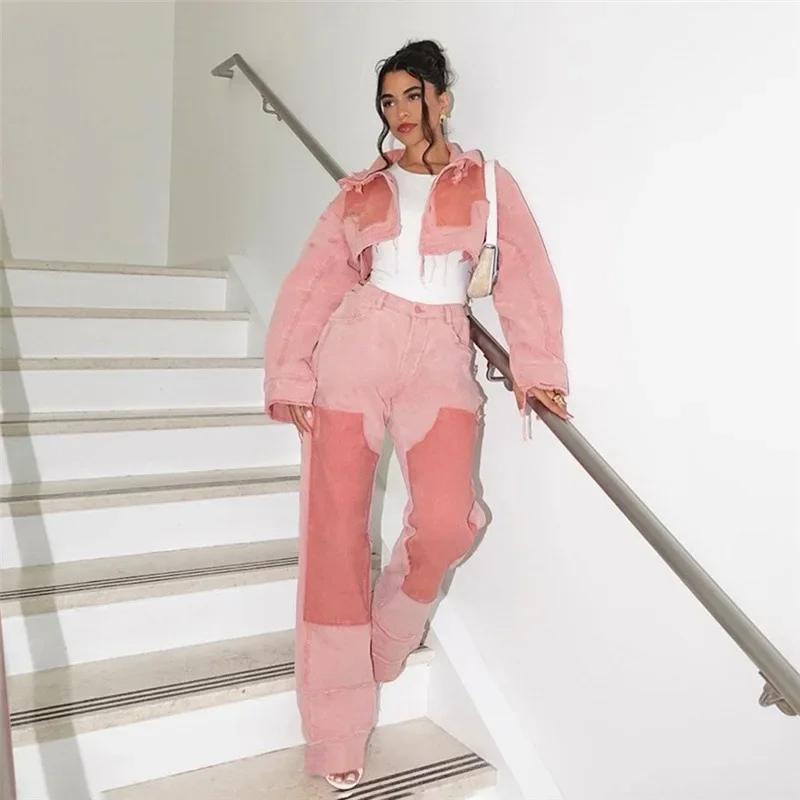 Color Patchwork High Waist Loose Casual Jeans for Women 2023 Autumn New High Waist Button Fly Straight Leg Pants Streetwear