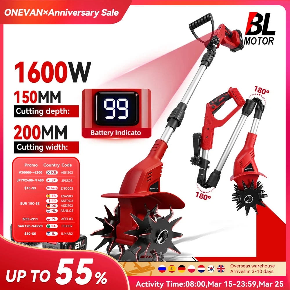 ONEVAN Bezszczotkowy Elektryczny Rotowator Kultywator z EU za $75.53 / ~288zł ONEVAN Bezszczotkowy Elektryczny Rotowator Kultywator z EU za $75.53 / ~288zł