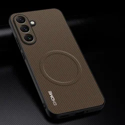 Premium Carbon Fiber Leather Magnetic Car Holder Case - Full Protection Cover - Galaxy S24 FE (Brown)
