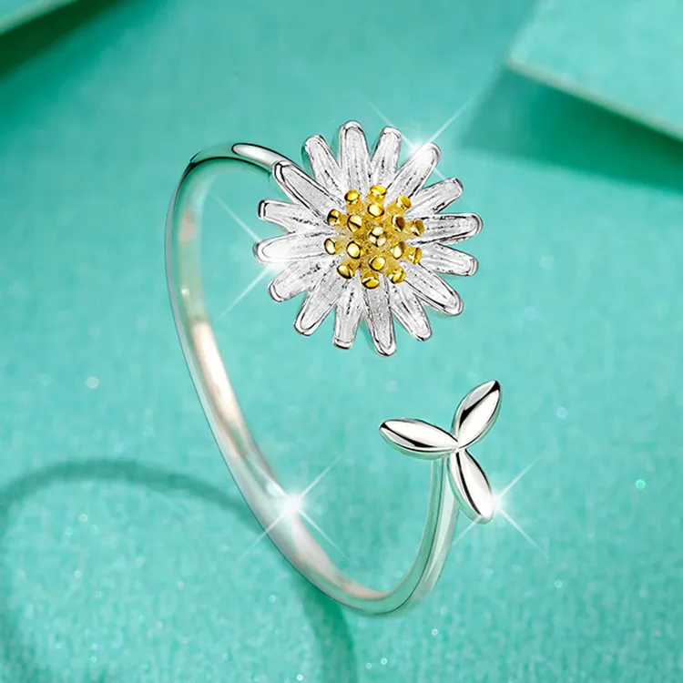 Korean Sweet Daisy Flower Rings for Women Wedding Girls Trendy Geometric Adjustable Round Rings