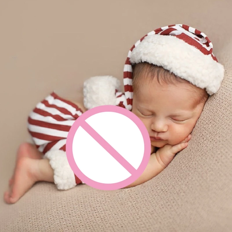 

M76C Infant Costume Cute Photography Props Outfits Red and White Stripes Santa Claus Hat and Trousers Costume Ornament