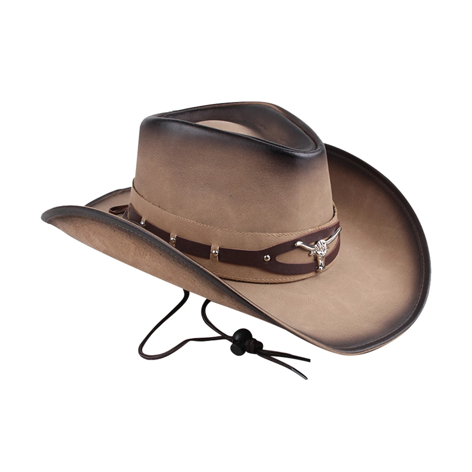 

Men Dad Fashion With Chin Cord Gift Wide Brim Soft Party Cowboy Hat Vintage Sombrero Diamond Anti UV Pinch Front PU Leather