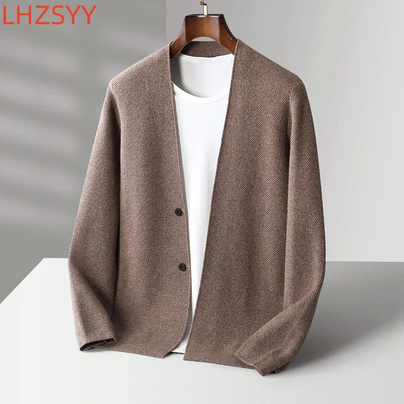 LHZSYY 남성용 캐시미어 재킷, V넥 니트 가디건, 캐주얼 루즈 탑, 청년 순수 울 스웨터, 따뜻한 고품질 코트, 가을 신상