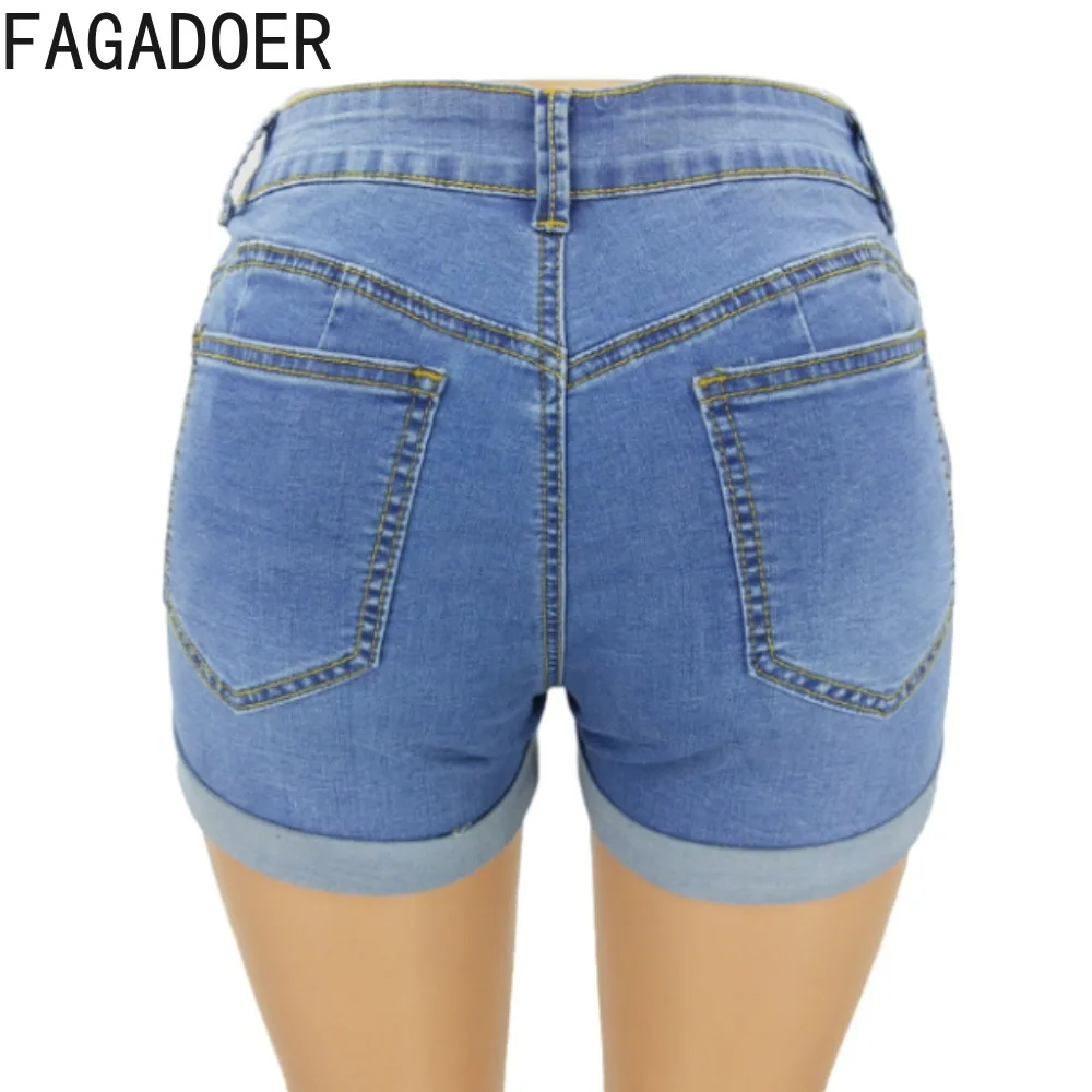 FAGADOER Retro Blue Summer New Hole Denim Shorts Women Low-waist Pocket Slim Jean Shorts Fashion Female Matching Cowboy Bottoms