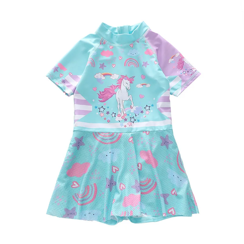 Girl Swimsuit One Piece Unicorn Girls Swimwear Short Sleeve Beach Swim Dress Summer Children Swimming Suit Kids Bathing Clothes