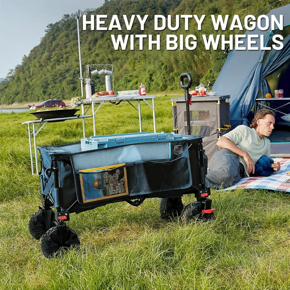 Outdoor Foldable Trolley With Brakes Practical Folding Cart Heavy Duty All Terrain Wheels for Shopping Camping Garden, Blue
