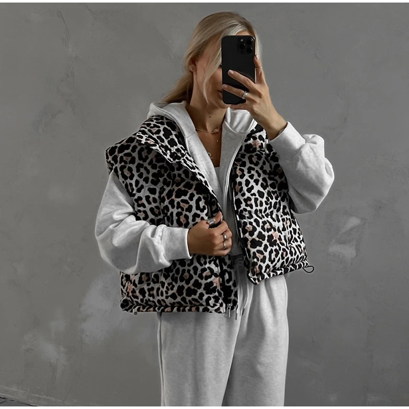 Vintage Leopard Zipper Cotton Vests Women Casual Loose Sleeveless Lapel Short Coats Female Autumn Chic Elegant Street Outwear