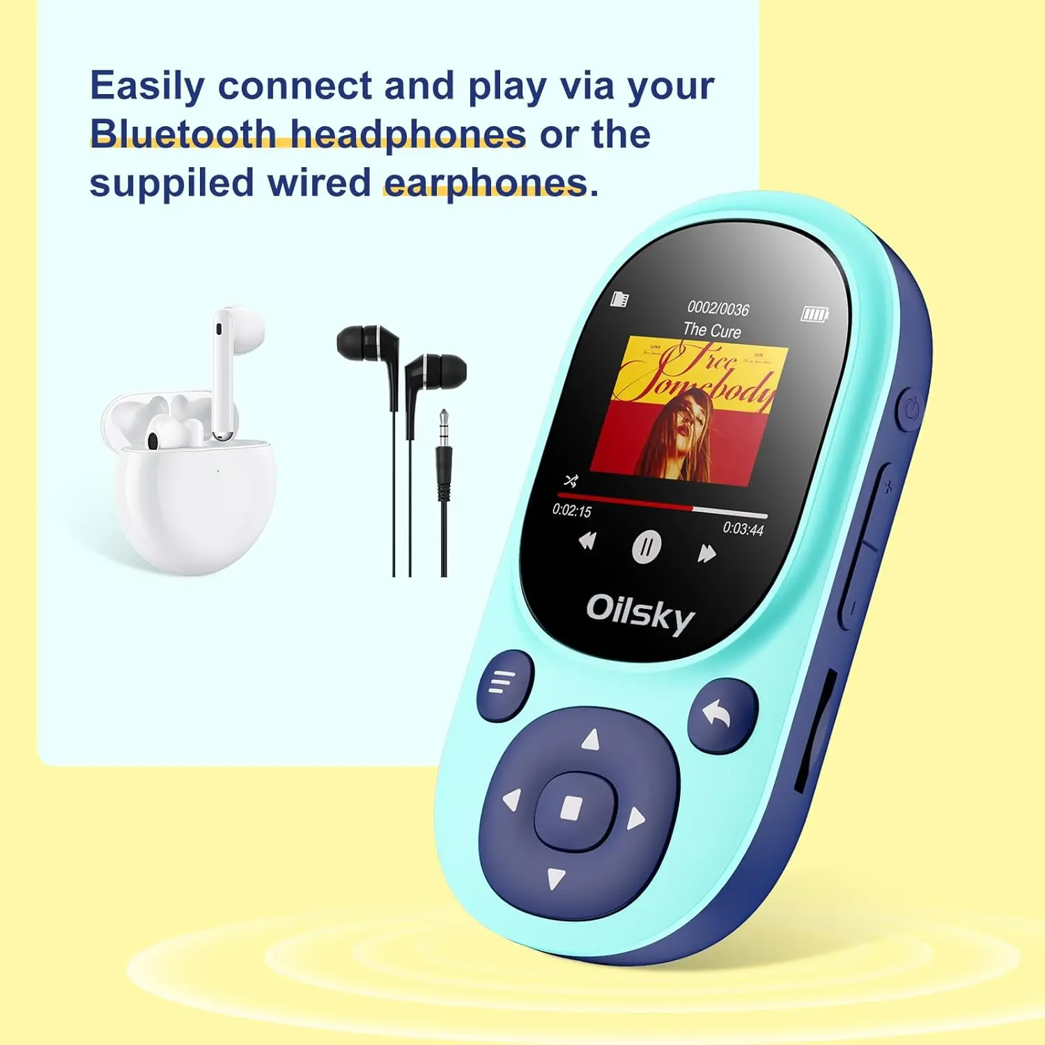 64GB Clip MP3 Player Bluetooth 5.3, Oilsky Children's Music Player with Pedometer Support up to 128GB