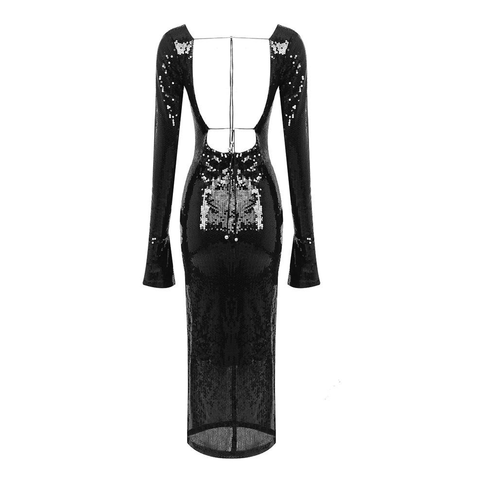 BEVENCCEL Sexy Luxury Sequins Deep V Long Sleeve Backless Sequins Long Dress Elegant  Bodycon Maxi Evening Party Clubwear Dress