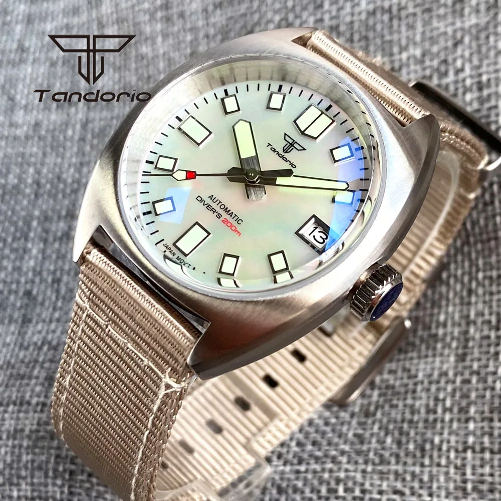 Tandorio Fashion NH35A Mother of Pearl Dial 36mm 200M Dive Automatic Watch for Men Lady Double Domed AR Sapphire Nylon Strap