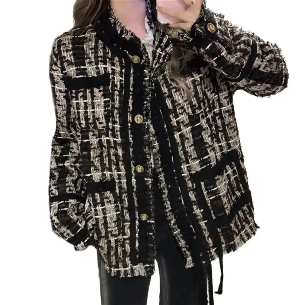 

Vintage Weave Tassels Chic Tweed Jackets Women Winter Coat High Streetwear O-Neck Full Sleeve Loose Outwear Female Tassel Tops