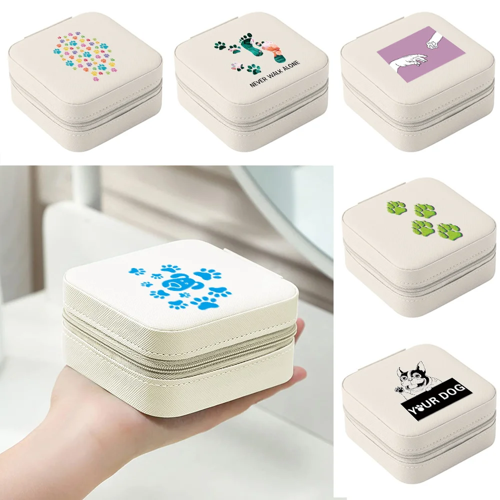 

Jewelry Storage Box PU Leather Jewelry Display Organizer Case Footprints Print Travel Makeup Bag Earring Holder Jewelry Boxes