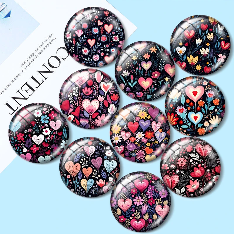 Hearts and Flowers 10pcs 12mm/16mm/18mm Round Photo Glass Cabochon Demo Flat Back Making findings hearts and rainbows 10pcs 12mm 18mm 20mm 25mm round photo glass cabochon demo flat back making findings10pcs 12mm 18mm 20mm 25mm