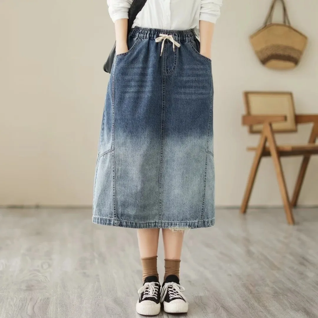 

Denim Midi Skirts Women Japan style Vintage y2k Tie Dye Gradient High Waist Long Skirt Stylish Casual Elegant Faldas Female Jupe