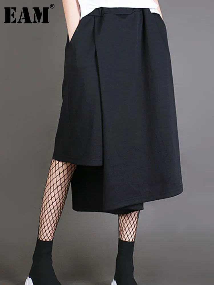 [EAM] Черные Асимметричные широкие брюки с высокой эластичной талией новые