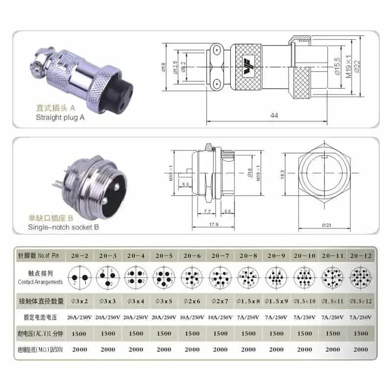 순수 구리 GX20 항공 플러그 소켓 커넥터 케이블 7-20A 250V 2 3 4 5핀 6 7 8핀 9 10 12핀 남성/여성 센서 어댑터 라인