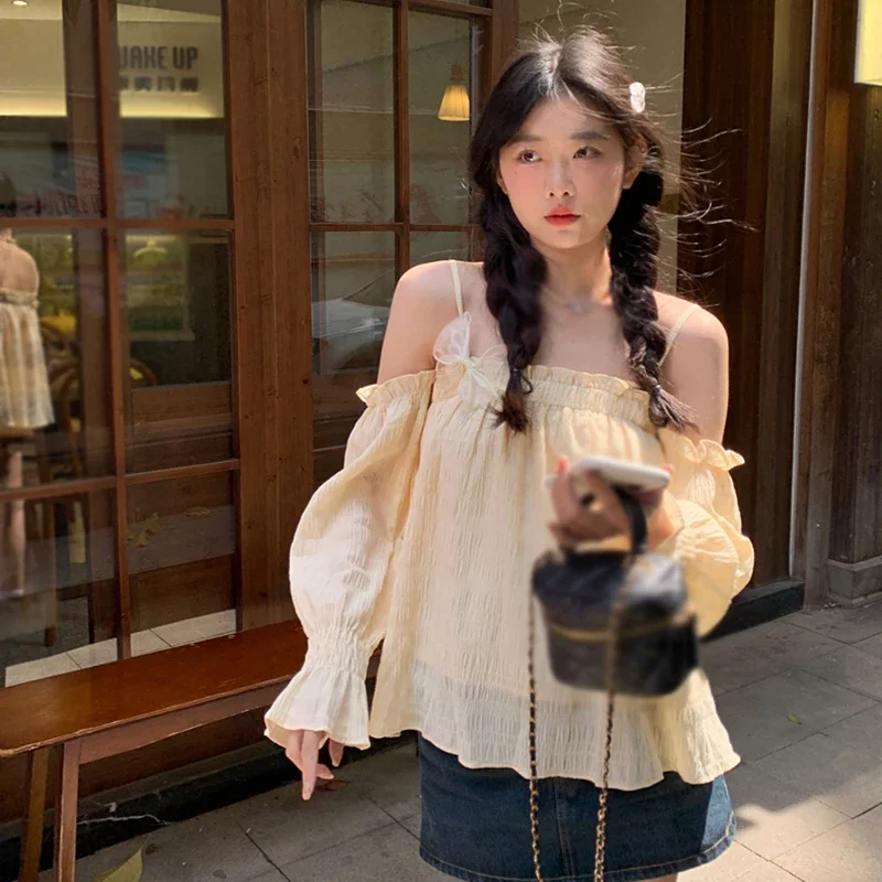 

Women Slash Neck Blouses Y2K Solid Girlish Casual Long-sleeve Daily Spring Classic Simple Young Ulzzang Style Fashion