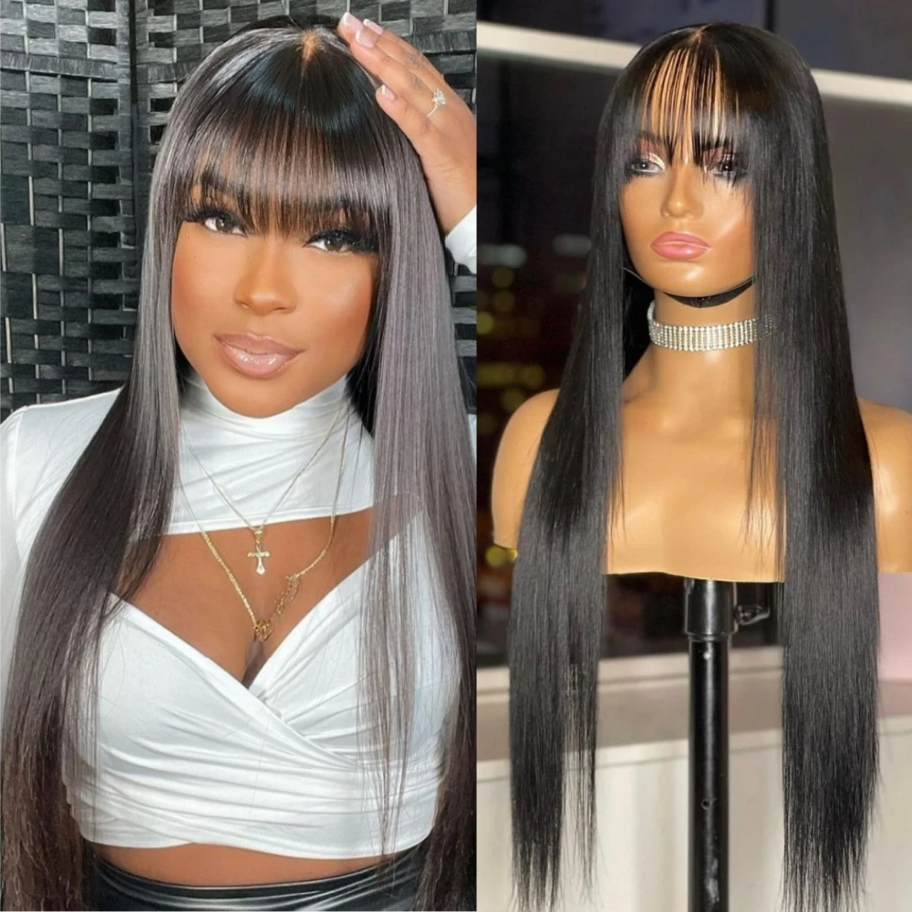 

Straight Human Hair Wig With 30 Inch Full Machine Made Wig For Women Bangs Brazilian Wigs On Sale Cheap Fringe Wig Brazilian