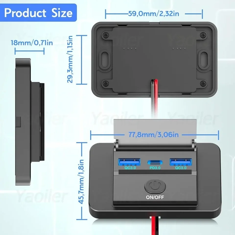 96W Presa USB C PD3.0 12 V Installazione: Qidoe Prese USB Doppia di tipo C Adattatore per Presa Accendisigari per Auto da 12 volt Impermeabile con Interruttore per Auto,Barca,Camion,Moto,Roulotte