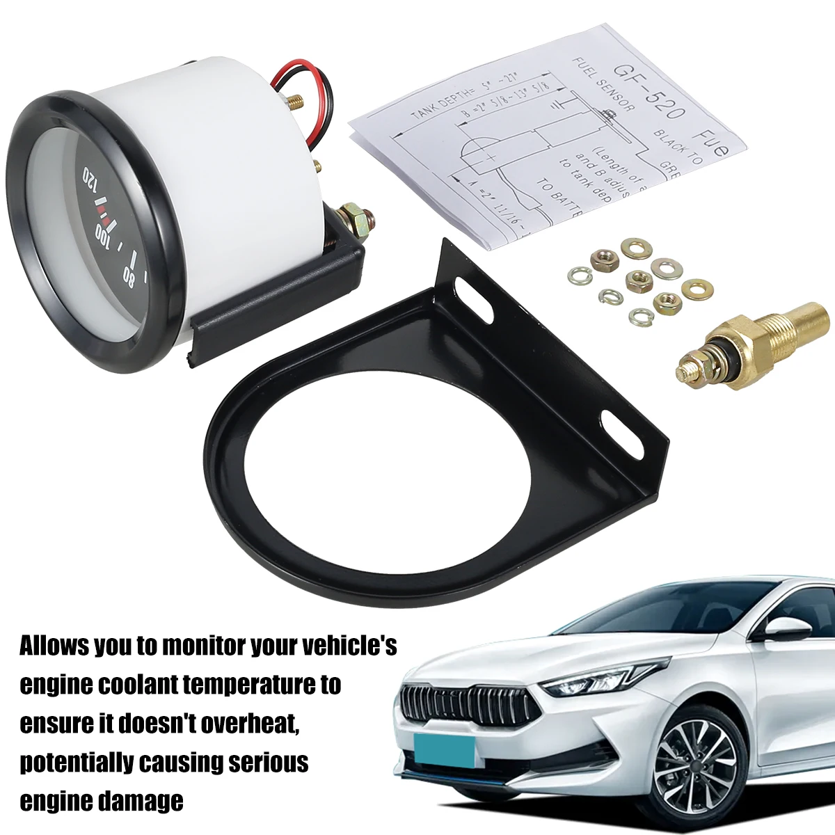 2" 52mm Digital Car Water Temp Temperature Gauge LED White Light Water Temp Celsius Gauge 40-120℃ Car Water Temperature Gauge