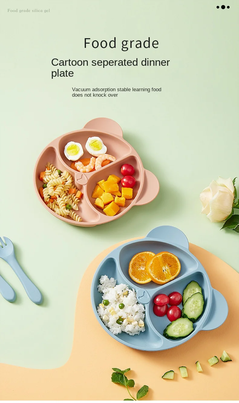 Description Picture 3 of item4PCS Baby Silicone Divided Plate Set Children's Bear FacePlate With Suction Waterproof Bibs Spoon Fork For Feeding Tableware Set