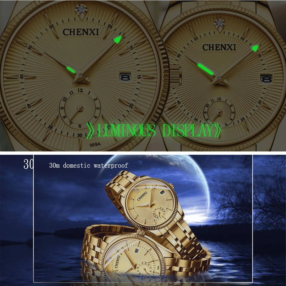 Quartz Watch Golden Stainless Steel Casual Couple Watch for Men and Women Waterproof Luminous Wristwatch