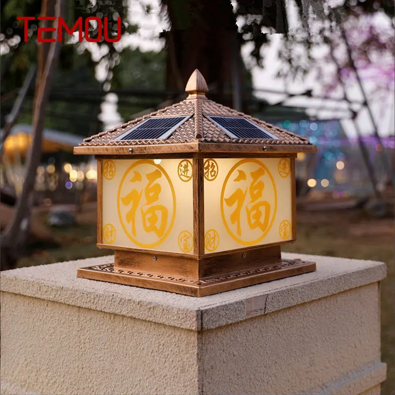 

TEMOU Solar Post Lamp LED Outdoor Creative Bronze Pillar Lights Waterproof IP65 for Home Villa Porch Courtyard Decor