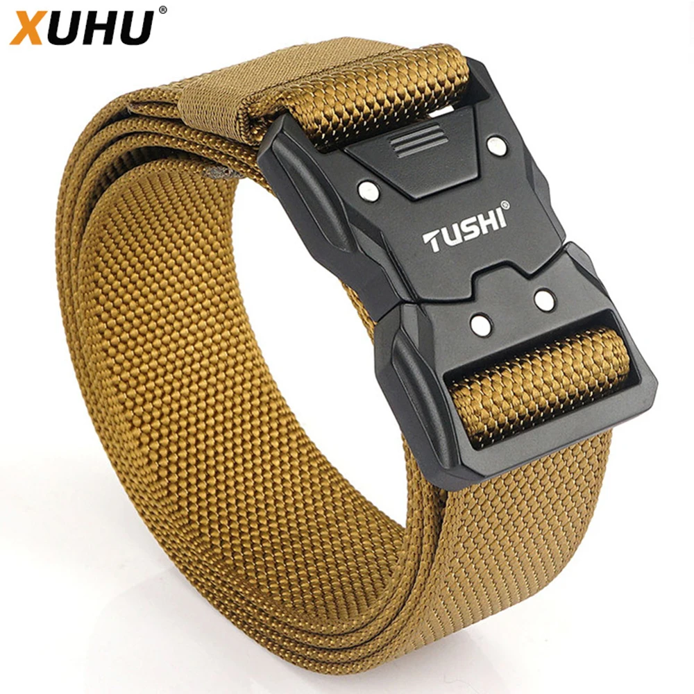 XUHU New Unisex Elastic Belt Hard Alloy Quick Release Buckle Tough Stretch Nylon Men's Military Tactical Belt Work Accessories towyelorn quick release aluminium alloy pluggable buckle tactical belt elastic military belts for men stretch waistband hunting