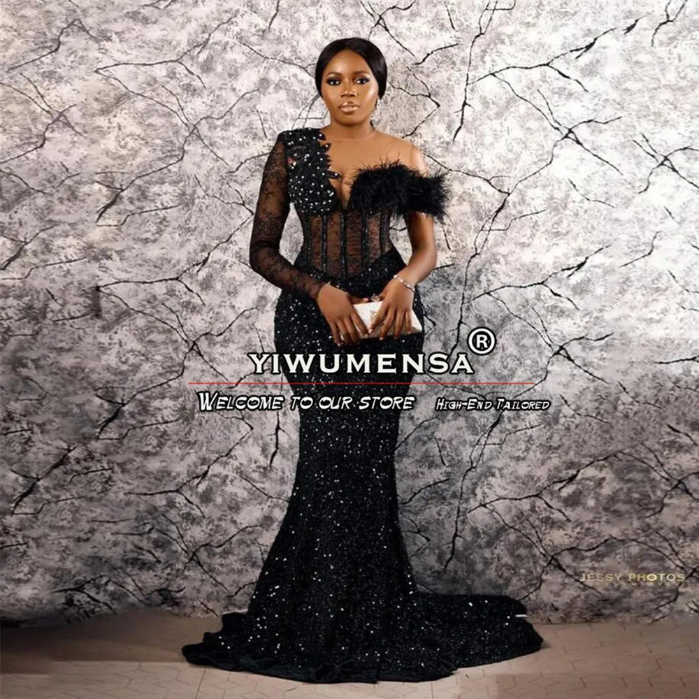 

Black Mermaid Prom Dresses Women Plus Size Feathers Appliques Sequins Aso Ebi Evening Party Gowns One Shoulder Robe De Soriee