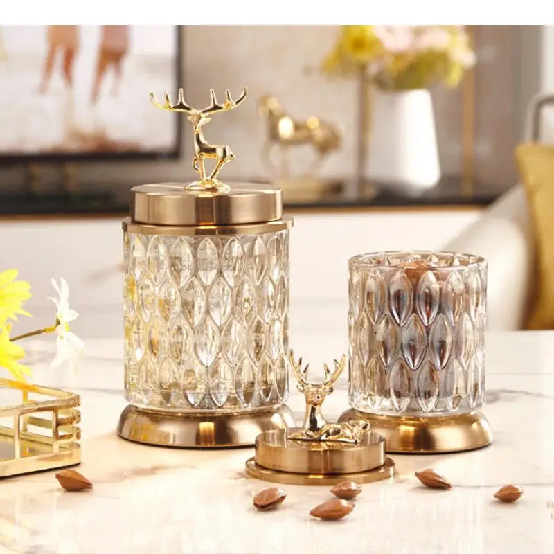 

2 Pcs/set Glass Storage Jars Golden Deer Decorative Tea Canister Candy Pot Crystal Storage Jar with Cover Spice Organizer