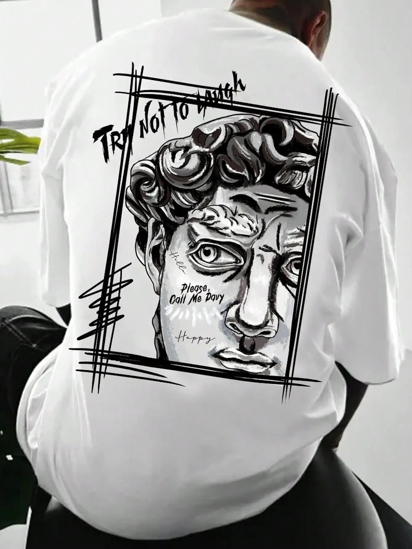 Creative Sculpture Expression Text Design Men Cotton Tops Crewneck New T-shirt Fashion Loose Clothing Autumn Unisex Basics Top